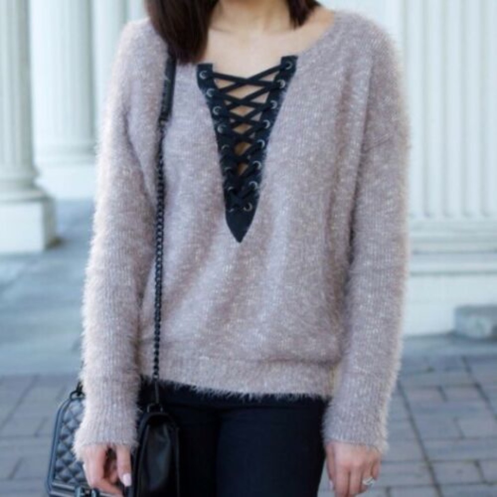 Express Mauve Pink Fuzzy Lace Up Sweater_2